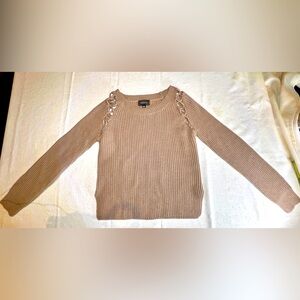 4Si3NNA Waffle Knit Sweater Tan Long Sleeve Side Slit Faux Lace Shoulder Scoop M